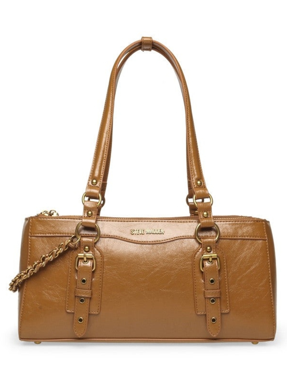 Steve Madden Cognac Leather Shoulder Tote with Buckle Accents